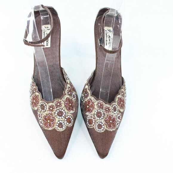J Loren Collection 9.5M Brown Bronze Beaded Embellishment Pointed Toe Heels - Picture 3 of 10